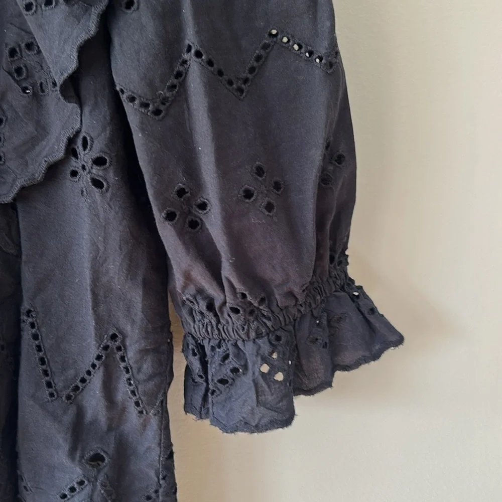 Rebellion Black Eyelet Puff Sleeve Button Front Top - Picture 5 of 8